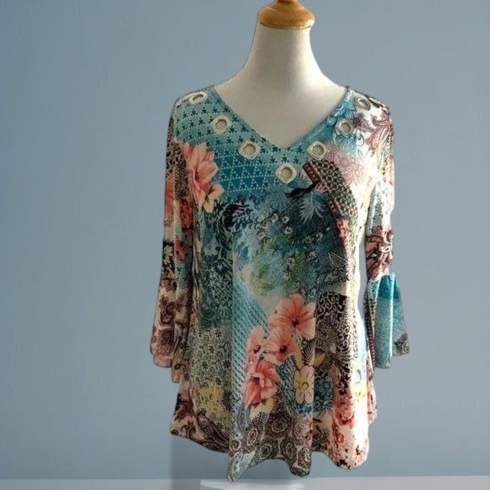 New Directions Quarter Peplum Sleeve Vneck Accents Spandex Floral Tunic Small